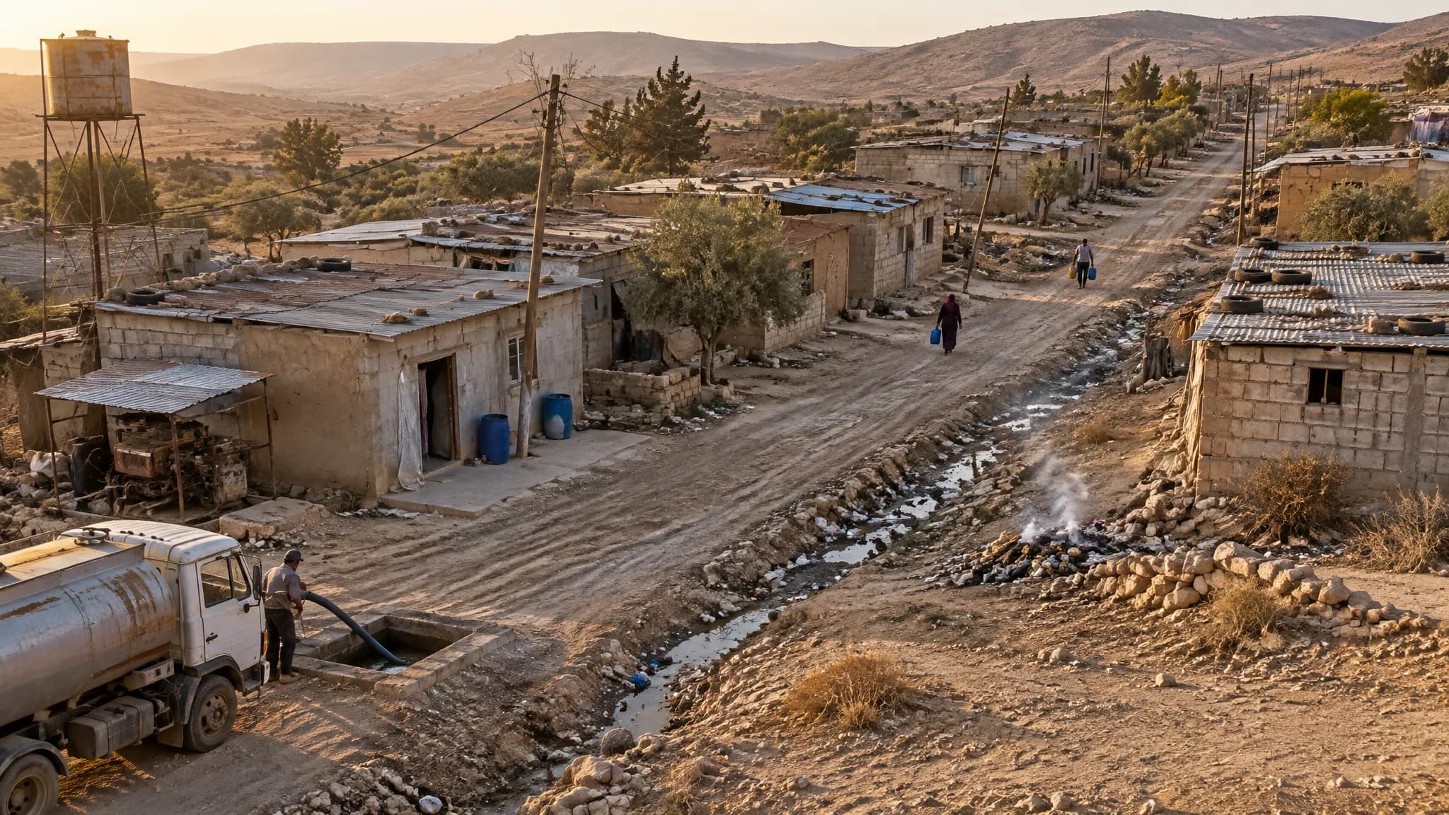 A village with an open drain along a dirt street, a rusting water tank, a diesel generator and a sewage tanker, seen from a drone, illustrative